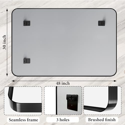 48X30 Inch Black Metal Framed Bathroom Mirror for Wall,HD Tempered Glass