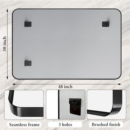 48X30 Inch Black Metal Framed Bathroom Mirror for Wall,HD Tempered Glass