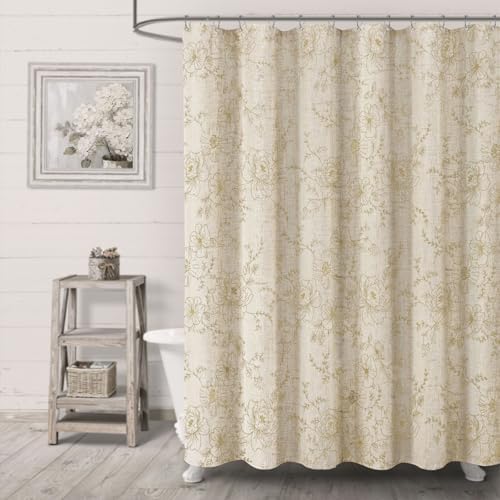 Farmhouse Floral Vintage Shower Curtain for Bathroom, Beige Embroidered
