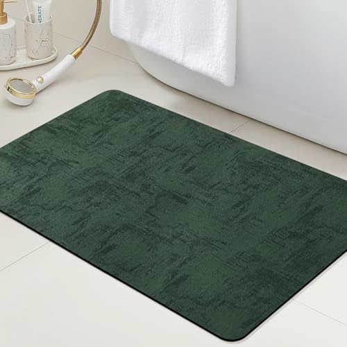 ACCUMTEK Non Slip Bath Mat, Thin Bathroom Rugs Fit Under Door, Quick Dry Bath Mats, Machine Washable Bath Rugs for Bathroom, Bathtub & Kitchen, Bathtub, Deep Green/Marble/32 x20