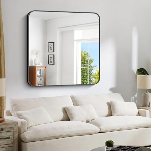 Bathroom Mirror, 42x42 inch Black Square Wall Mirror, Rounded Corner Aluminum Metal Frame Vanity Mirror, Large Wall Mounted Mirrors for Over Sink Bedroom Living Room Entryway