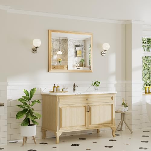 40x32 Inch Bathroom Mirror for Wall, Anti-Rust Oak Wood Grain Metal Framed Bathroom Mirrors for Over Sink,Rectangler Mirrors for Bathroom Vanity, Farmhouse, Bedroom, Living Room, Entryway Decor