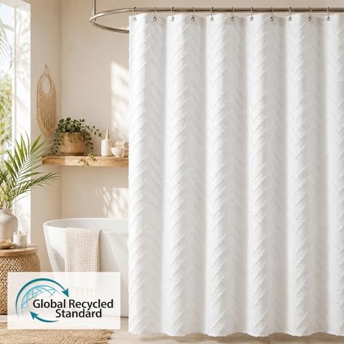 Off White Boho Fabric Shower Curtain 72 x 72 Inches, Modern Shabby Chic Textured Tufted Chevron Striped Minimalist Cloth Bathroom Shower Curtain
