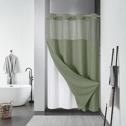No Hook Waffle Shower Curtain with Snap-in Liner, 54x80 Inch, Sage Green
