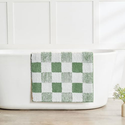 CozeCube Sage Green Checkered Bath Runner 59"x24" Non Slip Washable Rug