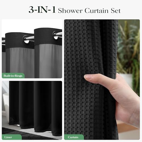 Dynamene Black Hook Free Waffle Shower Curtain & Snap-in Fabric Liner,72x75