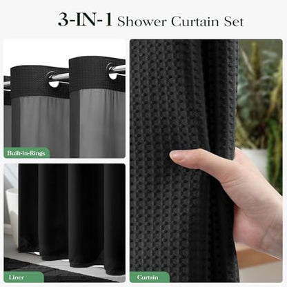 Dynamene Black Hook Free Waffle Shower Curtain & Snap-in Fabric Liner,72x75