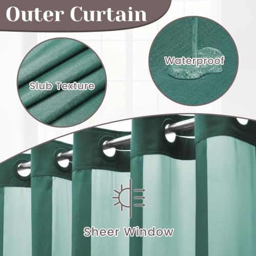 SORTTO No Hook Slub Shower Curtain with Liner, 71x74, Peacock Blue