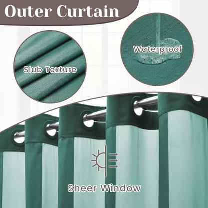 SORTTO No Hook Slub Shower Curtain with Liner, 71x74, Peacock Blue