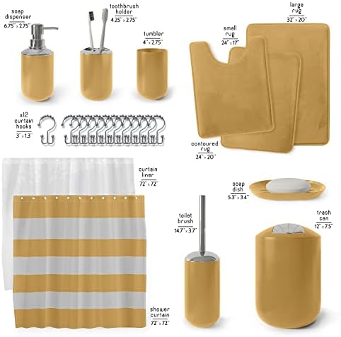 Clara Clark Bathroom Set – Bathroom Sets with Shower Curtain and Rugs, Soft Bathroom Rugs Non Slip, 23PC Gold Bathroom Accessories Set Complete with Bath Rugs, Shower Curtain Set with Liner and Hooks