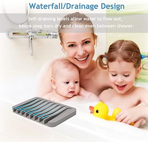 Self Draining Soap Dishes, 4 Pcs Silicone Waterfall Drainer Soap Holder for Bathroom, Extend Soap Life Keep Dry Clean & Easy Cleaning (Black & Grey)