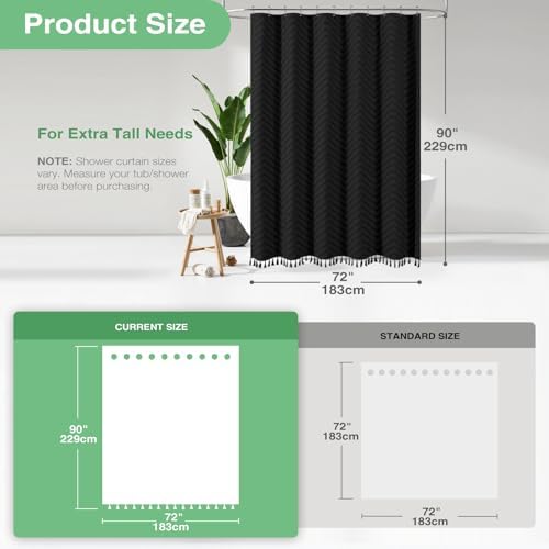 Dynamene Extra Long Boho Shower Curtain Tufted Chevron 72"x90" Black
