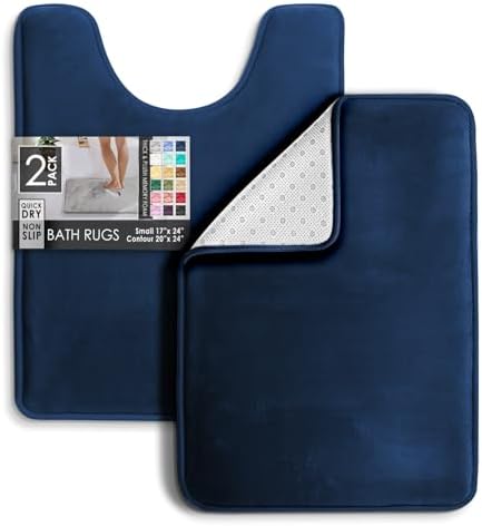 Clara Clark 2 Piece Bathroom Rugs, Velvet Memory Foam Bath Mat Set, Non-Slip Bath Rugs, Machine Wash, Dries Quickly, Ultra Soft Plush Bath Mats for Bathroom, 17 x 24 + Contour, Blue