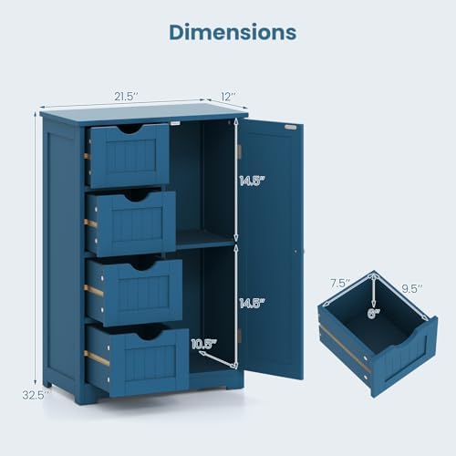 Giantex Bathroom Cabinet, Freestanding Storage Cabinet with 1 Door & 4 Drawers, 3-Level Adjustable Shelf, Anti-toppling System, Modern Storage Organizer for Bathroom, Living Room, Kitchen (Blue)
