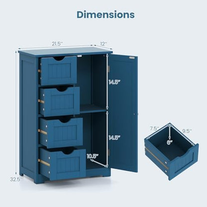 Giantex Bathroom Cabinet, Freestanding Storage Cabinet with 1 Door & 4 Drawers, 3-Level Adjustable Shelf, Anti-toppling System, Modern Storage Organizer for Bathroom, Living Room, Kitchen (Blue)