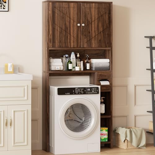 Shintenchi Over the Toilet Storage Cabinet, Bathroom Storage Cabient with Barn Doors, Bathroom Storage Shelf Organizer with Toilet Paper Holder, Adjustable Shelf and Anti-Tip Device, Walnut