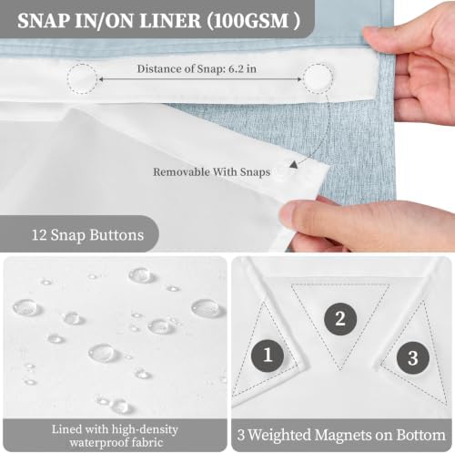 BTTN Fog Blue Ringless Linen Textured Shower Curtain with Snap Liner, 72x75