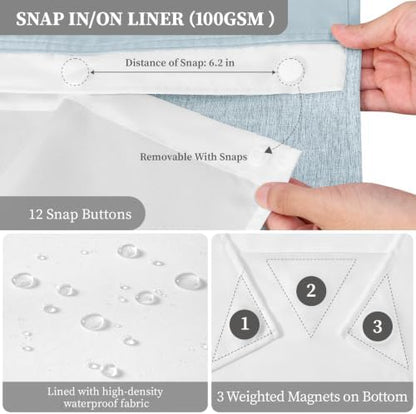 BTTN Fog Blue Ringless Linen Textured Shower Curtain with Snap Liner, 72x75