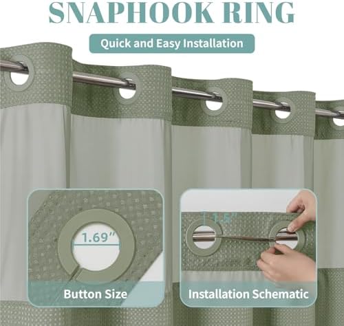 No Hook Waffle Shower Curtain with Snap-in Liner, 54x80 Inch, Sage Green