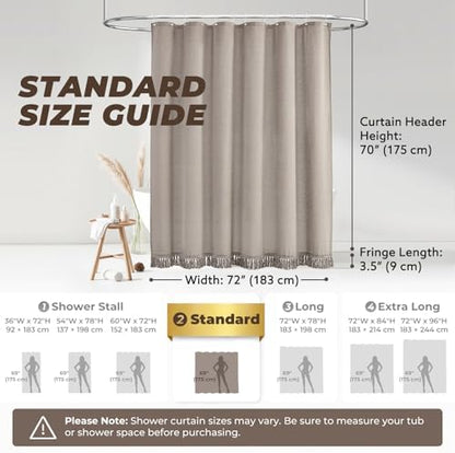 Linen Shower Curtain Boho Taupe Shower Curtain with Tassels 72"W x 72"L