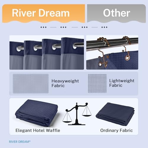 River Dream Heavyweight Waffle No Hook Shower Curtain with Liner,Navy,71x86