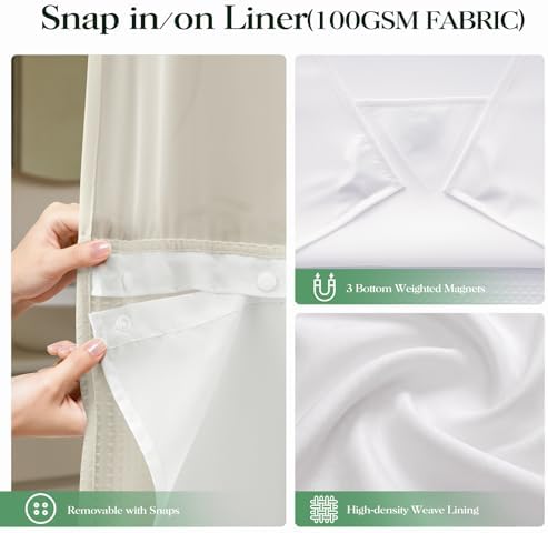 Dynamene Cream Hook Free Waffle Shower Curtain & Snap-in Fabric Liner,60x75