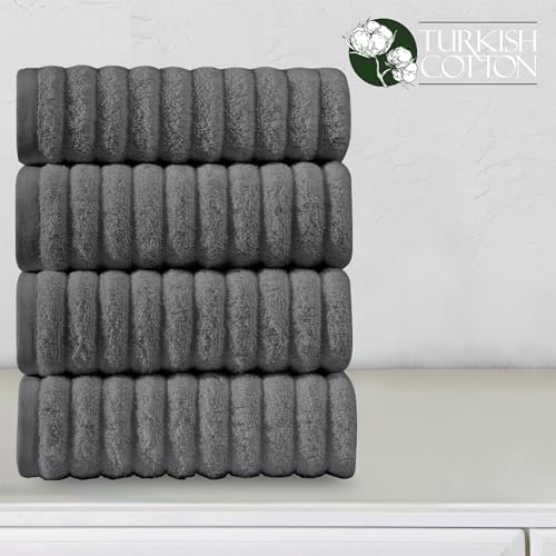 Elegant Comfort Luxury 100% Turkish Cotton Corduroy Ribbed 4 Pack Hand Towel Set 16 x 28 Inch - Absorbent, Super Soft, Quick Dry, Premium Towels for Bathroom, Gym, Spa and Hotel Use, Gray