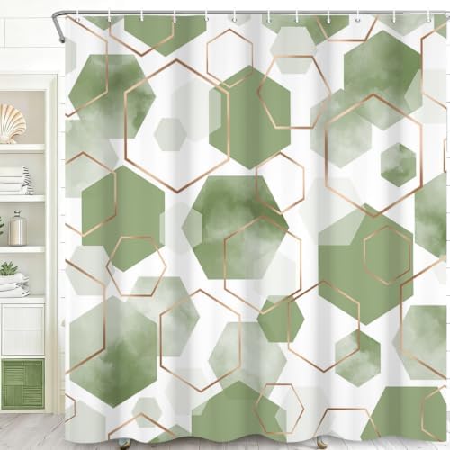 deFouliao Sage Green Modern Shower Curtain Geometric Grid Art Abstract Waterproof Bathroom Curtain for Bathtub Home Hotel Decor, Washable with Hooks, 60x72 Inch