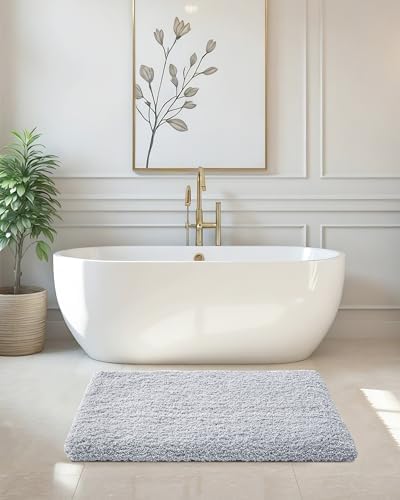 ILANGO Silver Bathroom Rugs 24" × 17" Small Non Slip & Super Absorbent Extra Thick Soft, Washable Bath Mat for Floor, Microfiber Plush Shaggy Bath Rug with Tub for Bathtub Shower Room Sink
