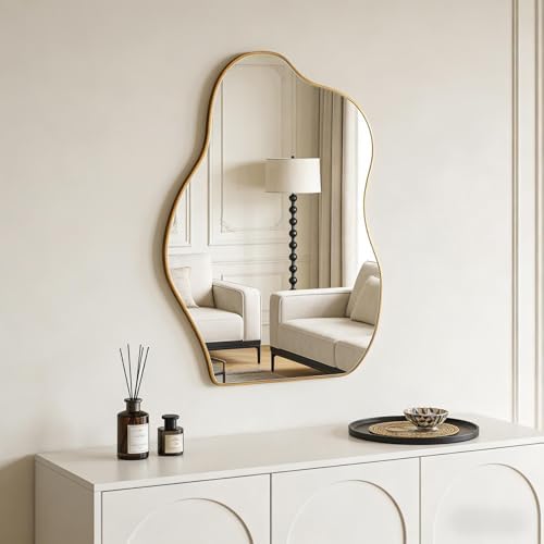 Irregular Asymmetrical Wall Mirror, 28x20 Inch Gold Bathroom Mirror