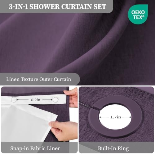 BTTN Purple Ringless Linen Textured Shower Curtain with Snap in Liner 72x75