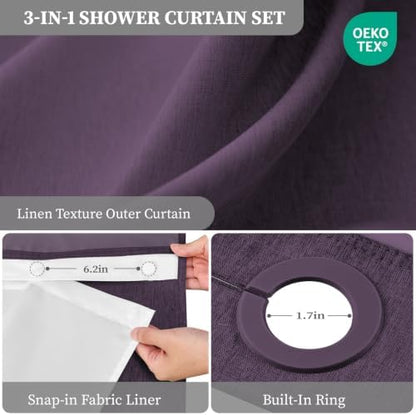BTTN Purple Ringless Linen Textured Shower Curtain with Snap in Liner 72x75