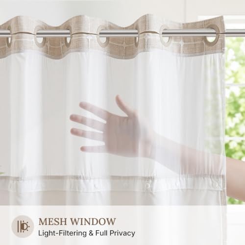 RiverDream Farmhouse No Hooks Shower Curtain with Snap-in Liner,Linen,54x80