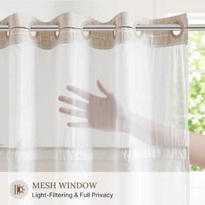 RiverDream Farmhouse No Hooks Shower Curtain with Snap-in Liner,Linen,54x80