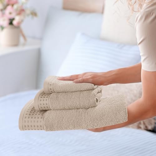 GLAMBURG Ultra Soft 3 Pack Cotton Towel Set, Contains a Bath Towel 28x55 inch, a Hand Towel 16x24 inch & a Wash Coth 12x12 inch, Ideal Everyday use, Compact & Lightweight - Tan