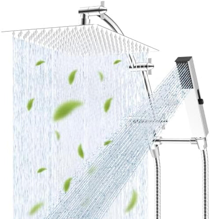 Hibbent All Metal CUPC Certified 12'' Rainfall Shower Head, Dual Shower Head Combo with 4 Handheld Sprays, High Pressure Shower Wand, 16'' Adjustable Extension Arm, 71'' Hose, Shower Holder, Chrome