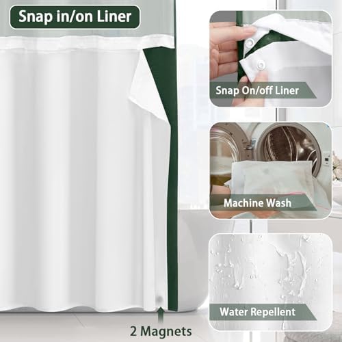 No Hook Shower Curtain with Liner Set Hotel Waffle Dark Green 72W X 75L