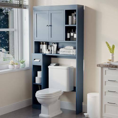 Over The Toilet Storage Cabinet with 7 Shelves, Imitation Walnut Grain Above Toilet Bathroom Organizer with Toilet Paper Holder Stand, Space Saver for Restroom, Laundry, Bathroom (Navy Blue)