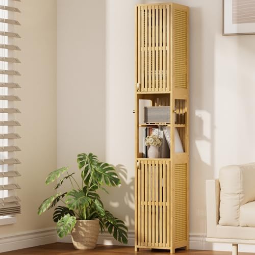 Amazer 70'' Tall Bathroom Storage Cabinet Bamboo, Narrow Storage Cabinet with Rattan Doors and Adjustable Shelves, Slim Freestanding Organizer for Living Room, Kitchen, Natural Color