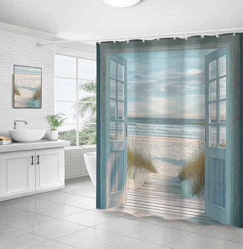 Blue Beach Barn Door Shower Curtain, Rustic Country Ocean Coastal Seaside Scenery Decor Bath Curtains, Retro Teal Wood Waterproof Bathroom Accessories Set, 72 x 78 inch with Hooks