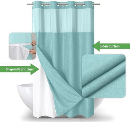 eachope No Hook Linen Texture Shower Curtain with Snap-in Liner,54x80 Teal