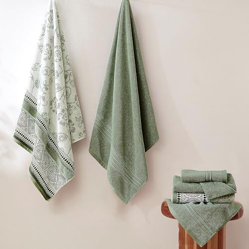 Modern Threads 6 Piece Bath Towel Set – Bathroom Set with 2 Bath Towels, 2 Hand Towels, and 2 Wash Cloths – 100% Cotton, Super Absorbent & Extra Soft – Reversible Floral Trail (Sage Green)