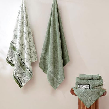 Modern Threads 6 Piece Bath Towel Set – Bathroom Set with 2 Bath Towels, 2 Hand Towels, and 2 Wash Cloths – 100% Cotton, Super Absorbent & Extra Soft – Reversible Floral Trail (Sage Green)
