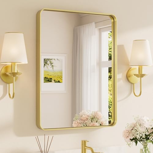 TETOTE Brushed Gold Bathroom Mirror, 24 x 32 Inch Metal Framed Mirror, Brushed Brass Rectangle Wall Mounted Golden Vanity Mirror (Horizontal/Vertical)