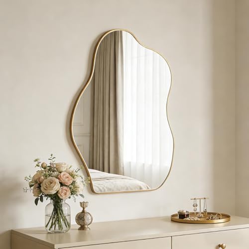 Irregular Asymmetrical Wall Mirror, 28x20 Inch Gold Bathroom Mirror