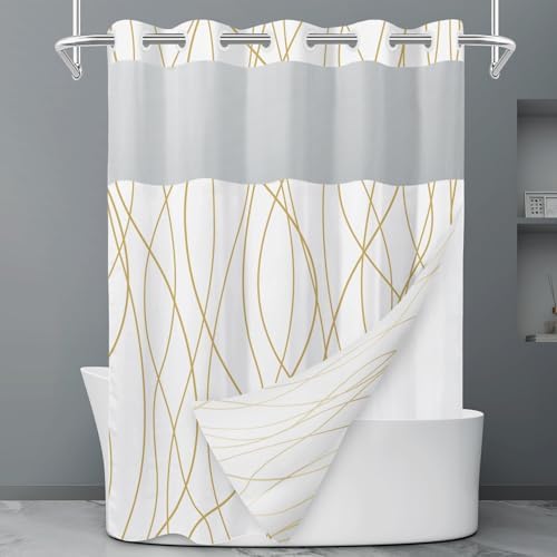 LXBNI Gold White No Hook Shower Curtain with Liner, 71 x 74 Inch