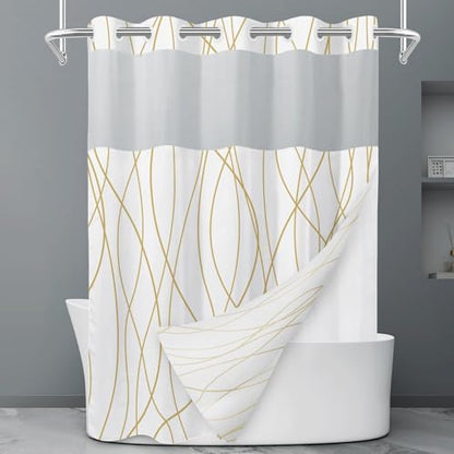 LXBNI Gold White No Hook Shower Curtain with Liner, 71 x 74 Inch