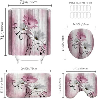Onalasyc 4PCS Pink Daisy Floral Bathroom Sets with Shower Curtain and Rugs