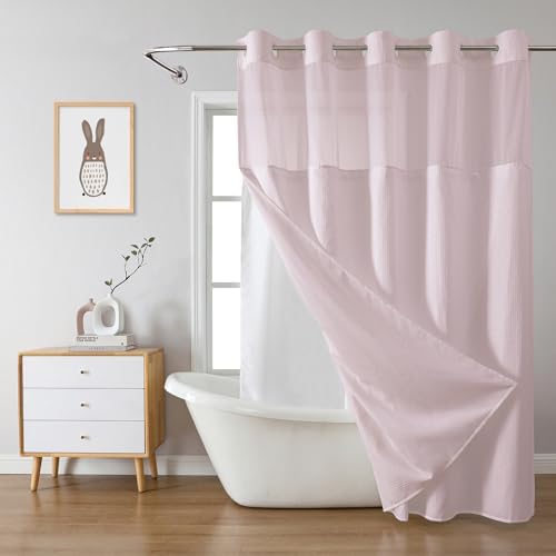 No Hook Waffle Shower Curtain with Snap-in Liner, 71x77 Inch, Blush Pink