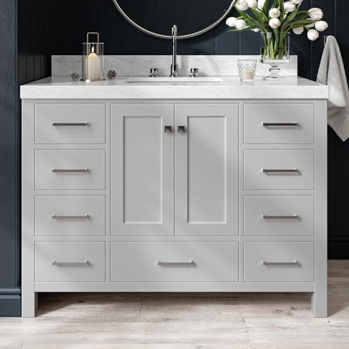 ARIEL Cambridge 48-inch Bathroom Vanity with Sink,Solid Wood, 2-inch Italian Carrara Marble Countertop, Single Rectangular Porcelain Sink, 2 Soft Closing Doors, 9 Dovetail Drawers, Grey